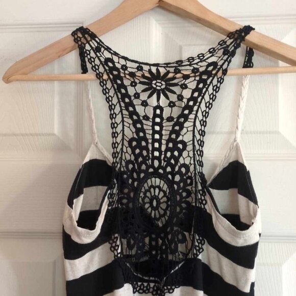 Almost Famous Sz Small Poly Rayon Linen Jail Striped Midi Summer Dress Crochet - Picture 6 of 9